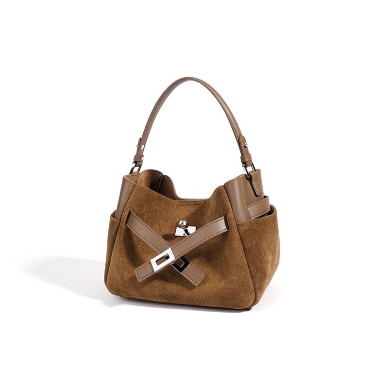 Women's Suede Cowhide Bucket Bag with Detachable Strap