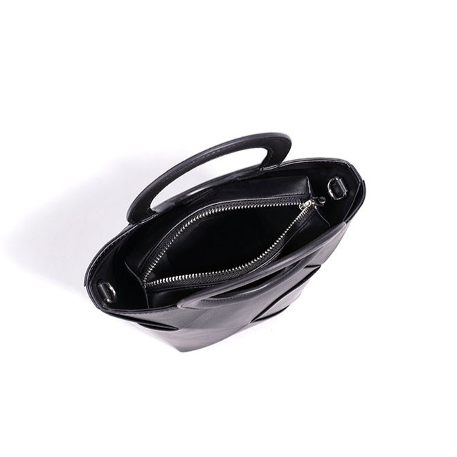 Women's Woven Cowhide Mini Bucket Bag with Adjustable Strap