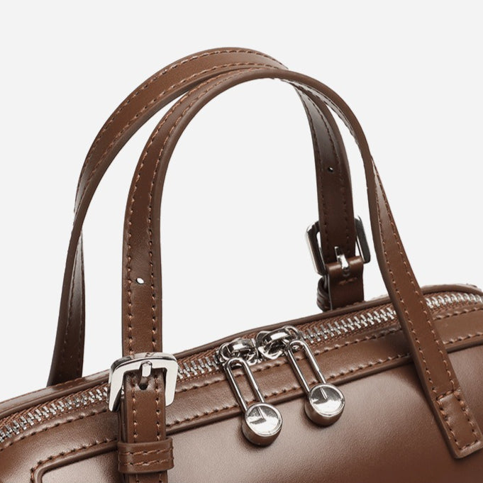 Women's Cowhide Retro Boston Barrel Bag with Adjustable Strap