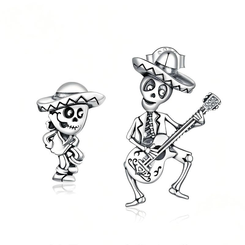 “Skeleton Serenade” S925 Sterling Silver Guitarist Skull Halloween Stud Earrings