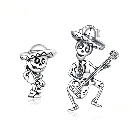 “Skeleton Serenade” S925 Sterling Silver Guitarist Skull Halloween Stud Earrings
