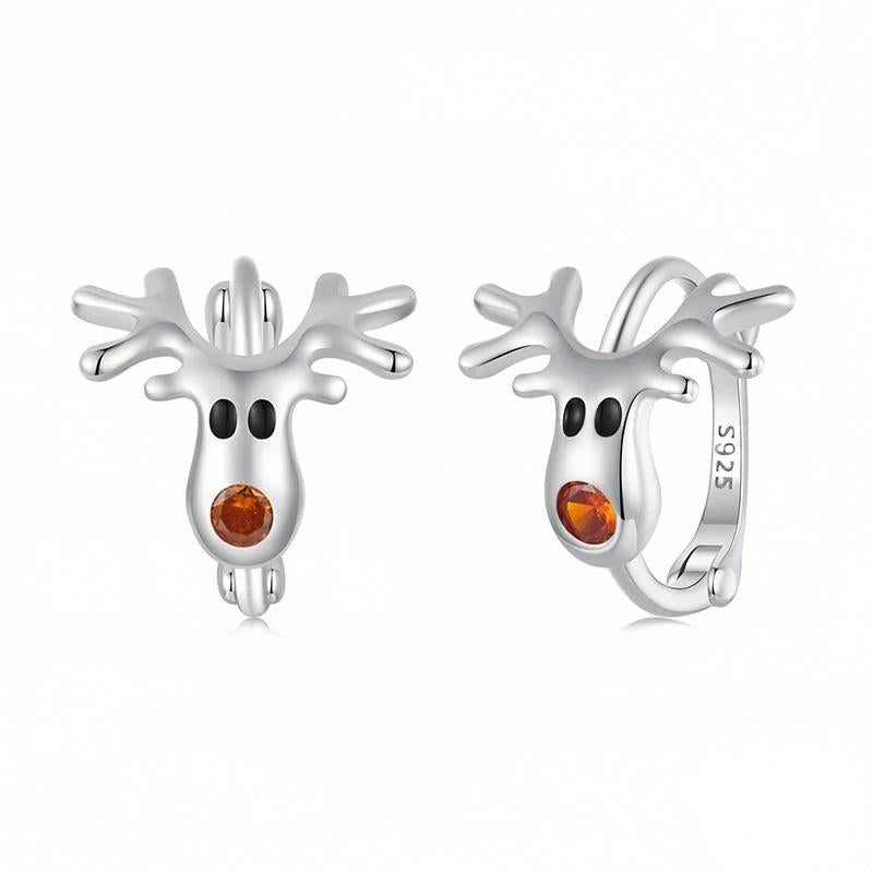 “Reindeer Charm” S925 Sterling Silver Reindeer C-Hoop Stud Earrings