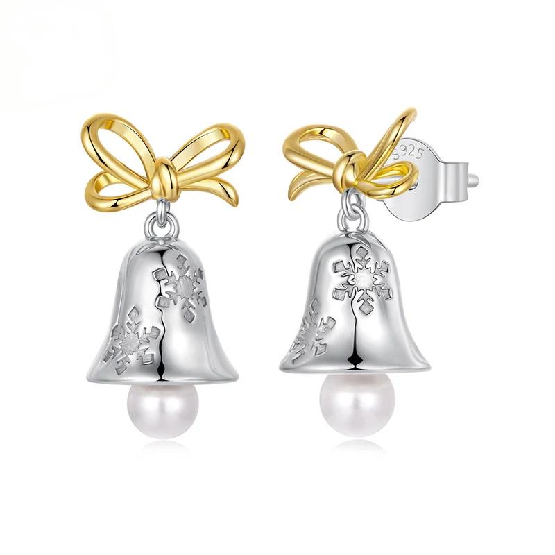 “Winter Jingle” S925 Sterling Silver Christmas Bell Bow Stud Earrings