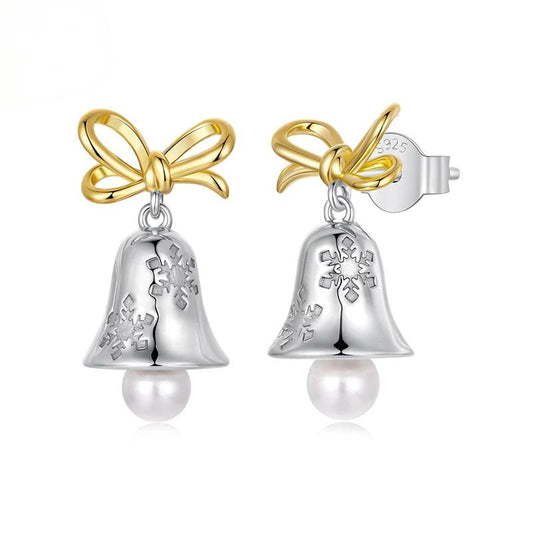 “Winter Jingle” S925 Sterling Silver Christmas Bell Bow Stud Earrings