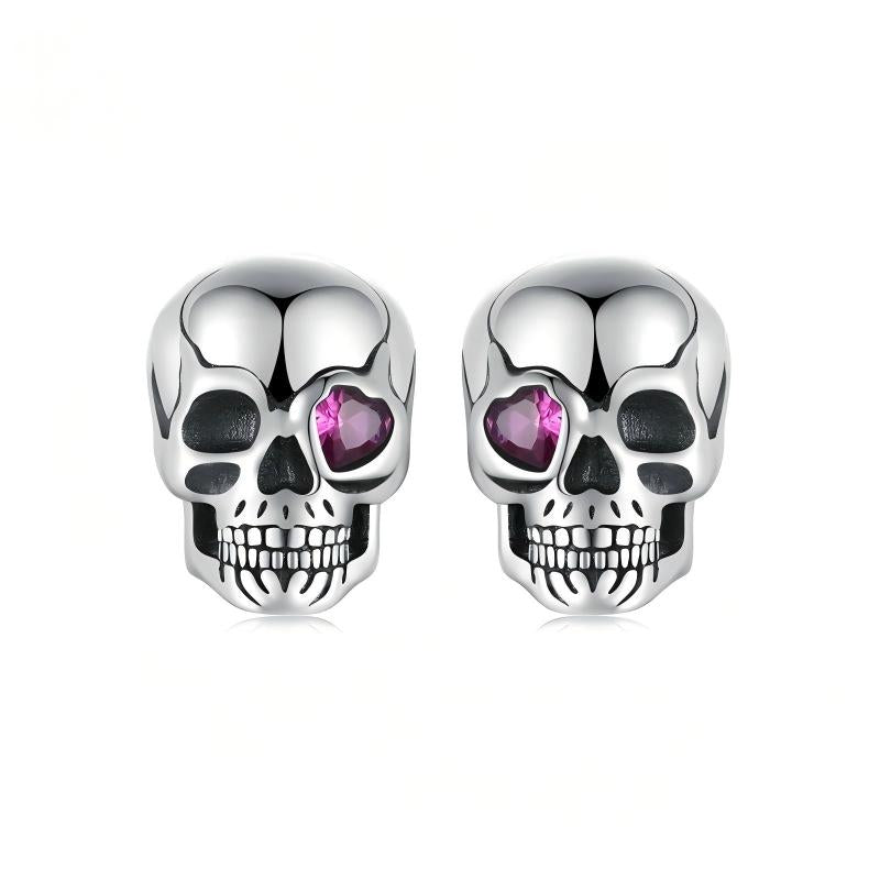 “Dark Romance” S925 Sterling Silver Oxidized Skull Heart Eye Stud Earrings