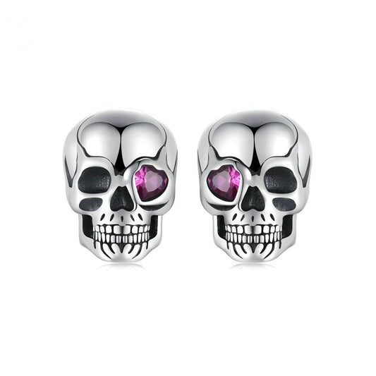 “Dark Romance” S925 Sterling Silver Oxidized Skull Heart Eye Stud Earrings