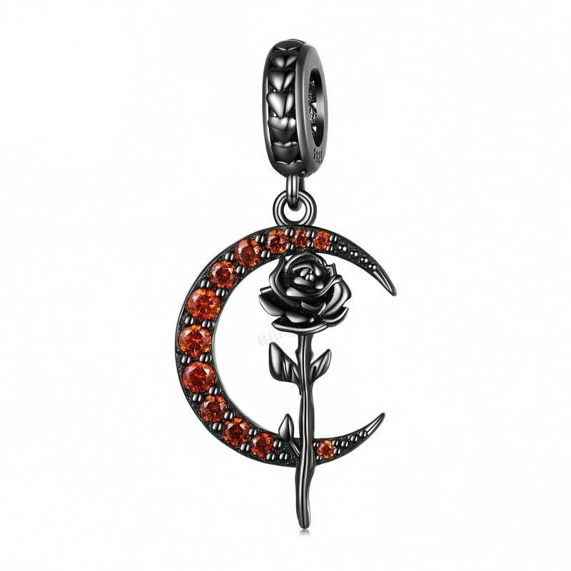 “Moonlit Rose” S925 Sterling Silver Black Gold-Tone Zircon Rose Moon Pendant