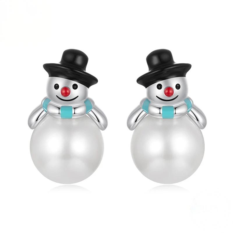 “Snowman Pearl” S925 Sterling Silver Christmas Snowman Stud Earrings