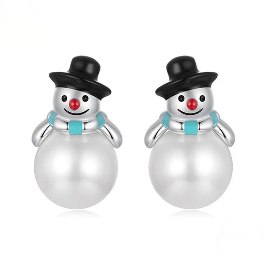 “Snowman Pearl” S925 Sterling Silver Christmas Snowman Stud Earrings