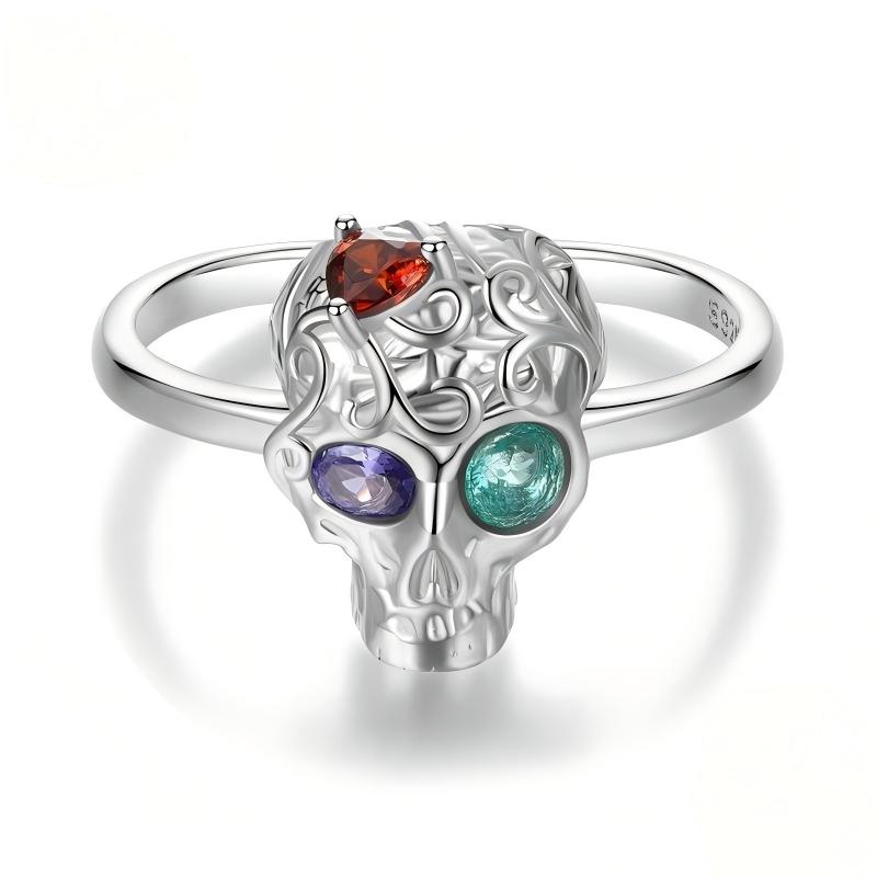 “Eternal Bond” S925 Sterling Silver Open Adjustable Skull Ring with Zircon