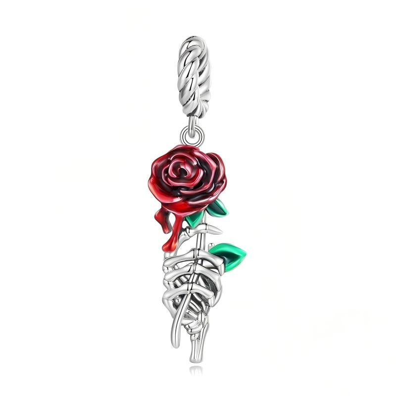 “Crimson Bloom” S925 Sterling Silver Skull Hand Red Rose Pendant