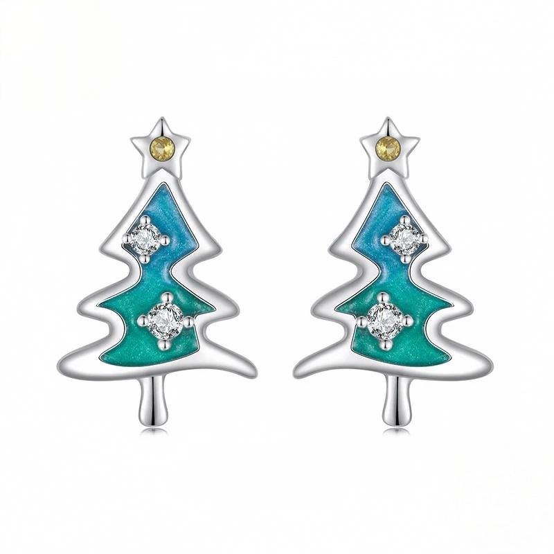“Evergreen Spark” S925 Sterling Silver Christmas Tree Stud Earrings