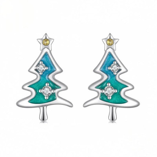 “Evergreen Spark” S925 Sterling Silver Christmas Tree Stud Earrings