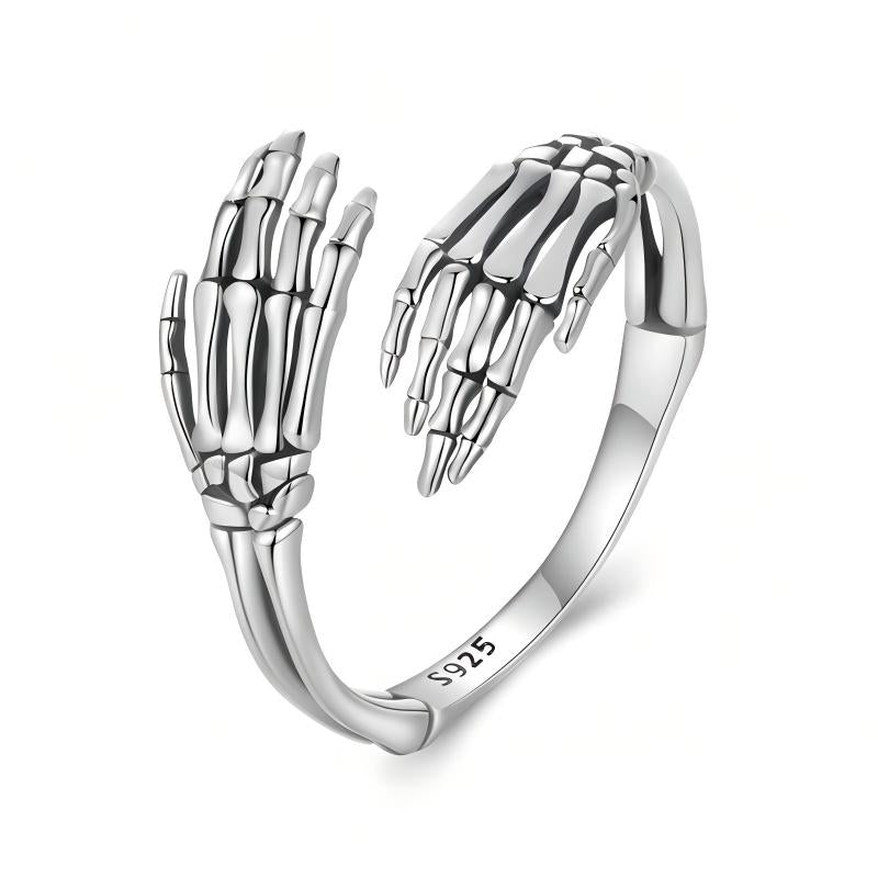“Soul Embrace” S925 Sterling Silver Open Adjustable Skull Hand Ring