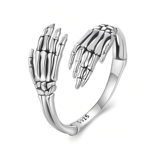 “Soul Embrace” S925 Sterling Silver Open Adjustable Skull Hand Ring