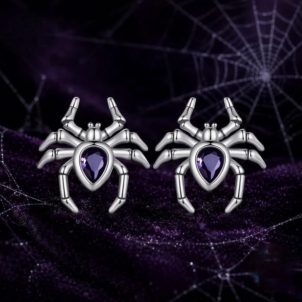 “Web Noir” S925 Sterling Silver Zircon Spider Stud Earrings