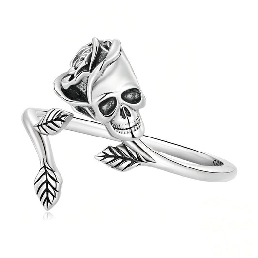 “Eternal Rose” S925 Sterling Silver Skull Rose Adjustable Ring