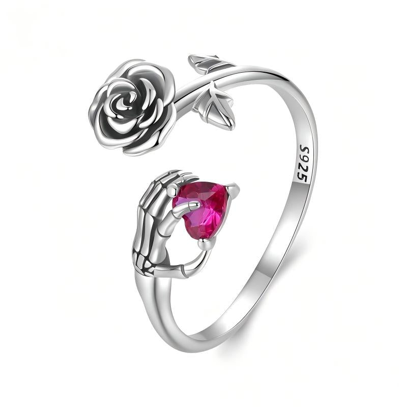 “Rosebound Soul” S925 Sterling Silver Open Adjustable Skull Hand Rose Ring