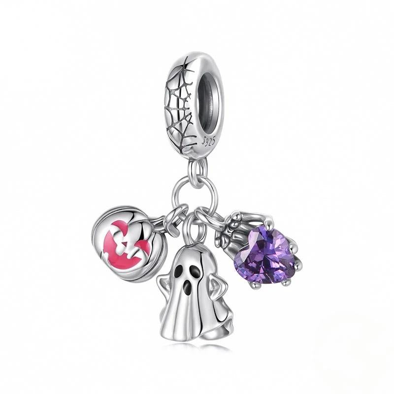 “Haunted Trio” S925 Sterling Silver Halloween Ghost Pumpkin Skull Pendant Bead