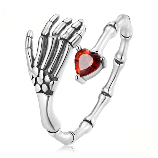 “Crimson Grip” S925 Sterling Silver Open Adjustable Skull Hand Heart Ring