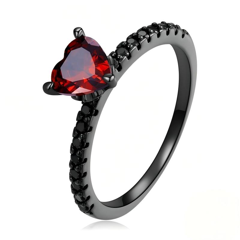 “Dark Heart” S925 Sterling Silver Black Gold Plated Red Heart Zircon Ring