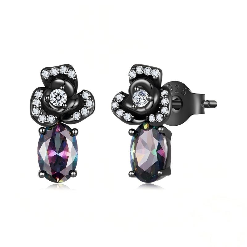 “Midnight Rose” S925 Sterling Silver Black Gold Plated Gothic Rose Stud Earrings