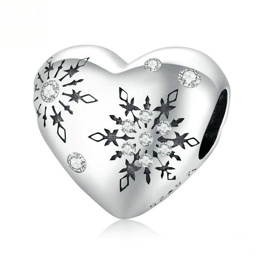 “Heartflake” S925 Sterling Silver Heart Snowflake Charm Bead