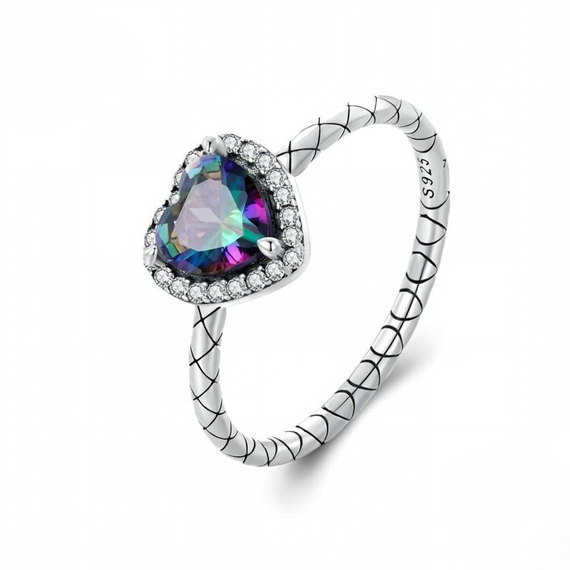 “Midnight Rainbow” S925 Sterling Silver Colorful Heart Vintage Ring