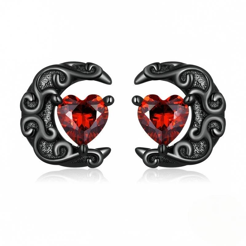 “Moonlit Heart” S925 Sterling Silver Black Gold-Tone Zircon Heart Stud Earrings