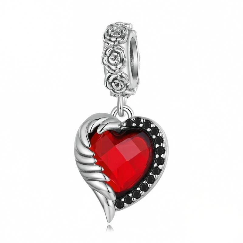“Crimson Wing” S925 Sterling Silver Red Zircon Rose Heart Pendant Bead