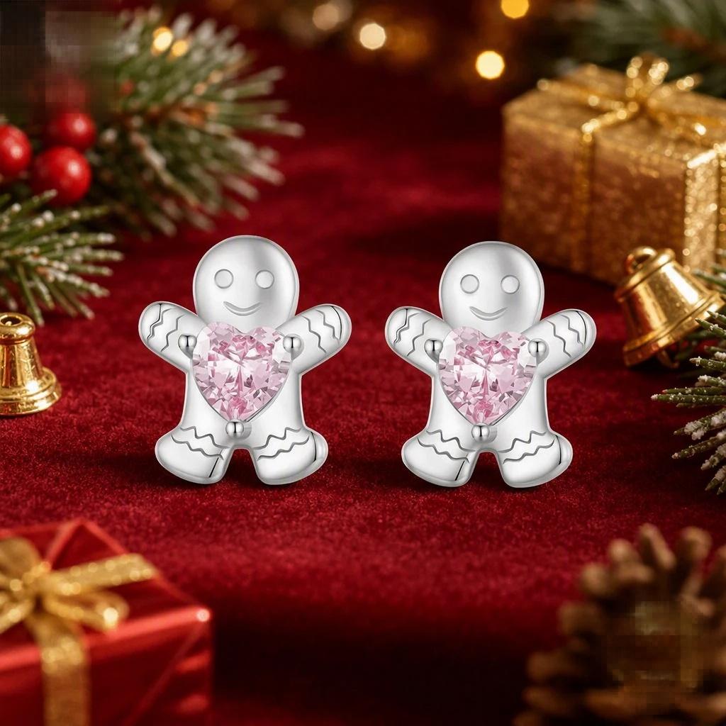 “Gingerbread Heart” S925 Sterling Silver Pink Zircon Christmas Stud Earrings