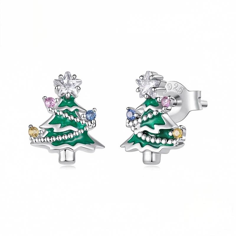 “Evergreen Glow” S925 Sterling Silver Christmas Tree Stud Earrings