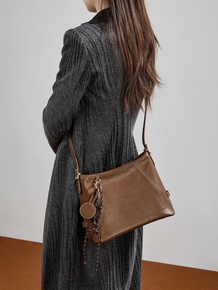 Women's Full-Grain Cowhide Contrast Stitch Hobo Bag