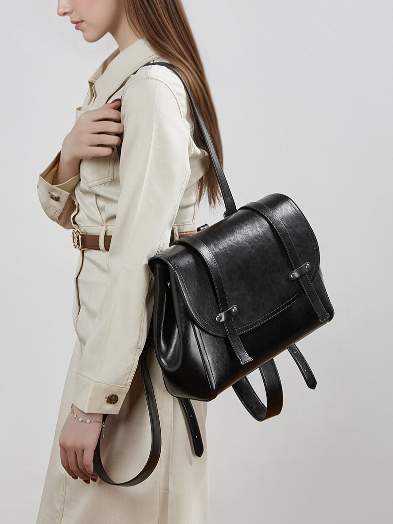 Women's Oil-Waxed Cowhide Convertible Flap Backpack