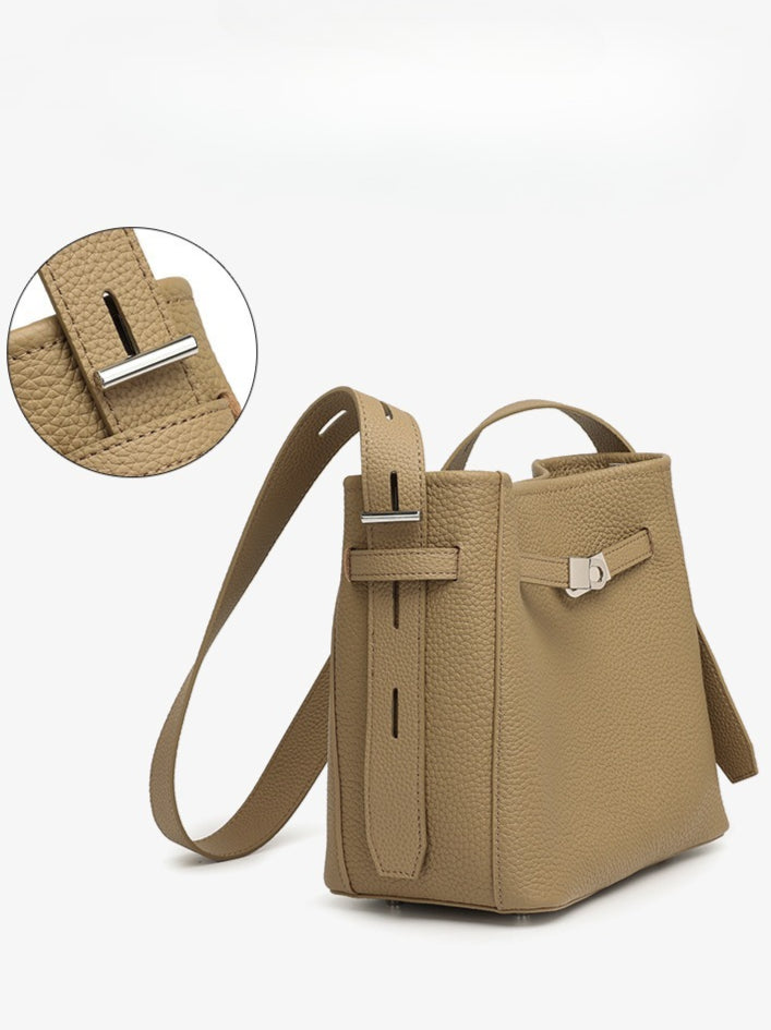 Women's Pebbled Cowhide Bucket Bag with Double-D Hardware