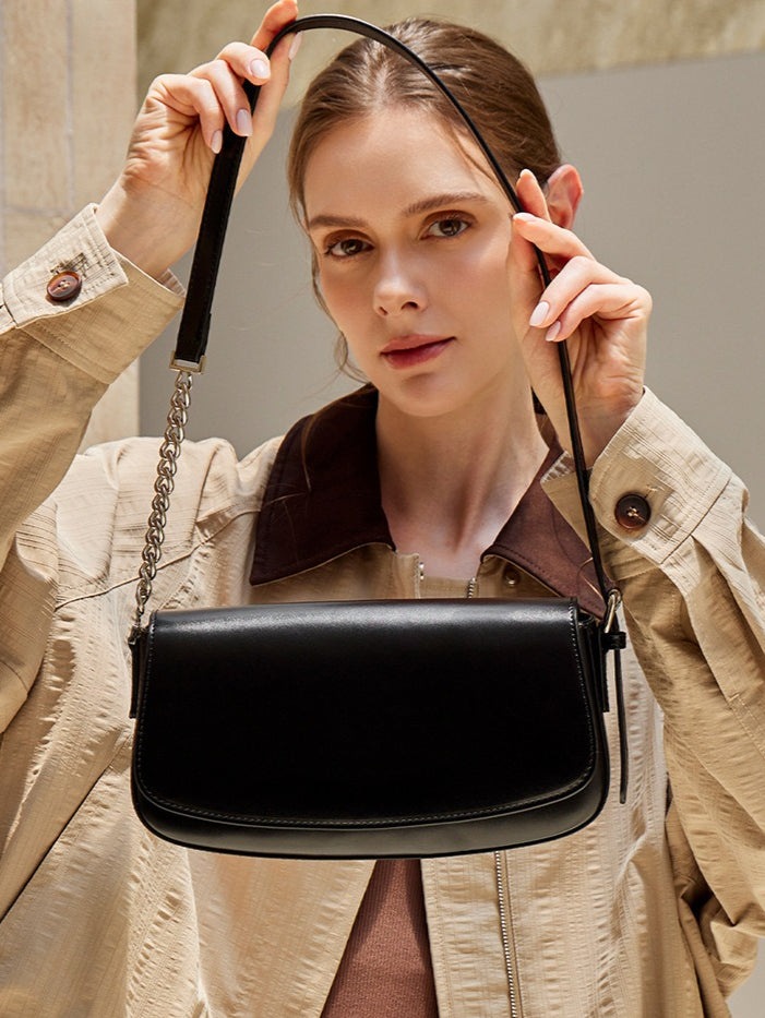 Women's Soft Cowhide Baguette Saddle Bag with Chain Strap
