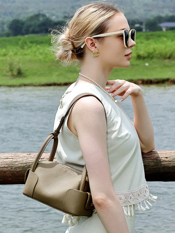 Women's Pebbled Cowhide Mini Boston Bag with Adjustable Strap