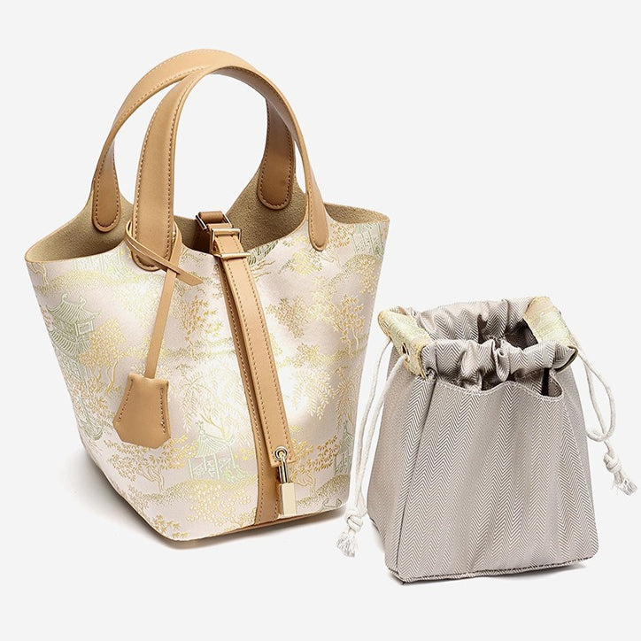 Women's Oriental Garden Genuine Leather Bucket Bag with Charm