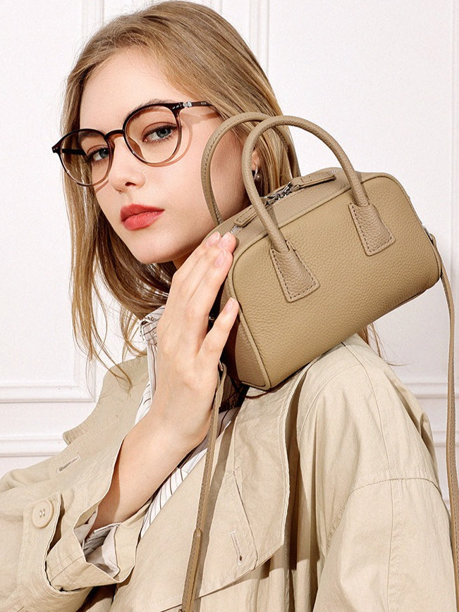 Women's Pebbled Cowhide Mini Boston Bag with Adjustable Strap