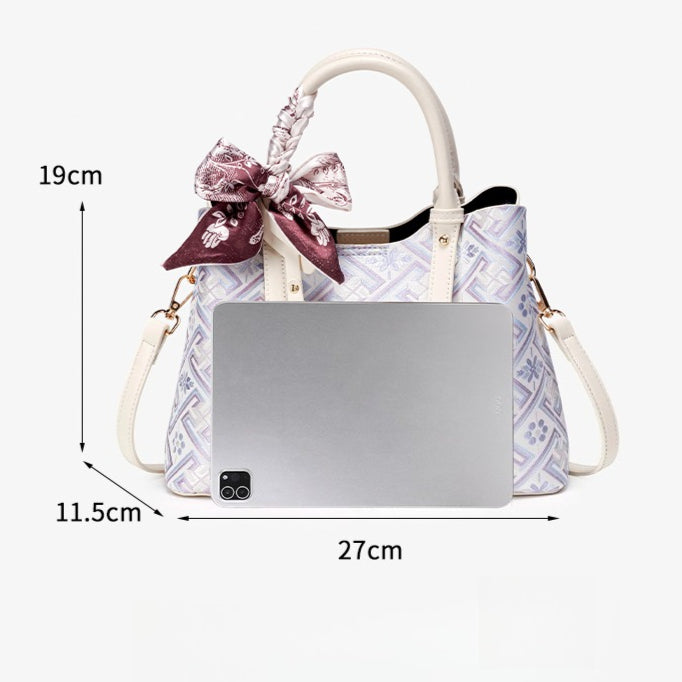 Women's Lavender Brocade Pattern Mini Tote with Scarf Bow