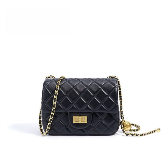 Women's Quilted Sheepskin Flap Bag with Golden Ball Chain