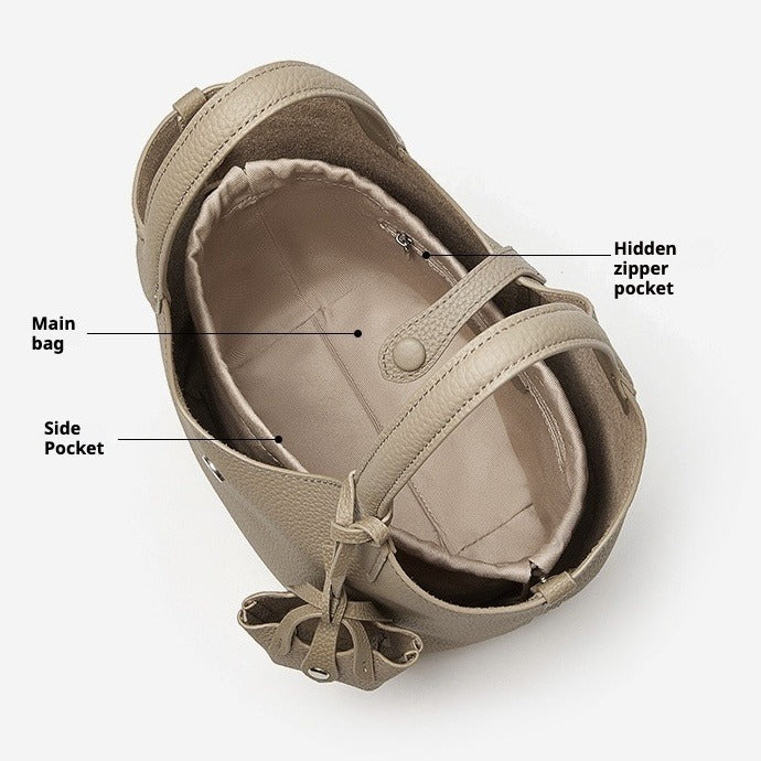 Women's Genuine Leather Pebbled Bucket Bag with Mini Pouch