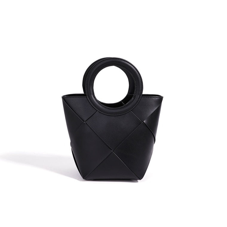 Women's Woven Cowhide Mini Bucket Bag with Adjustable Strap