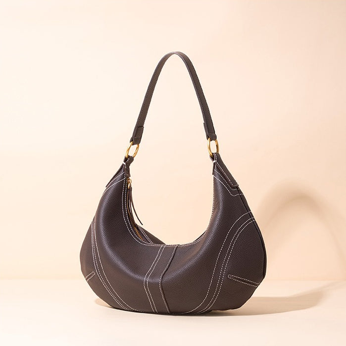 Women's Pebbled Cowhide Curved Hobo Bag with Contrast Stitching