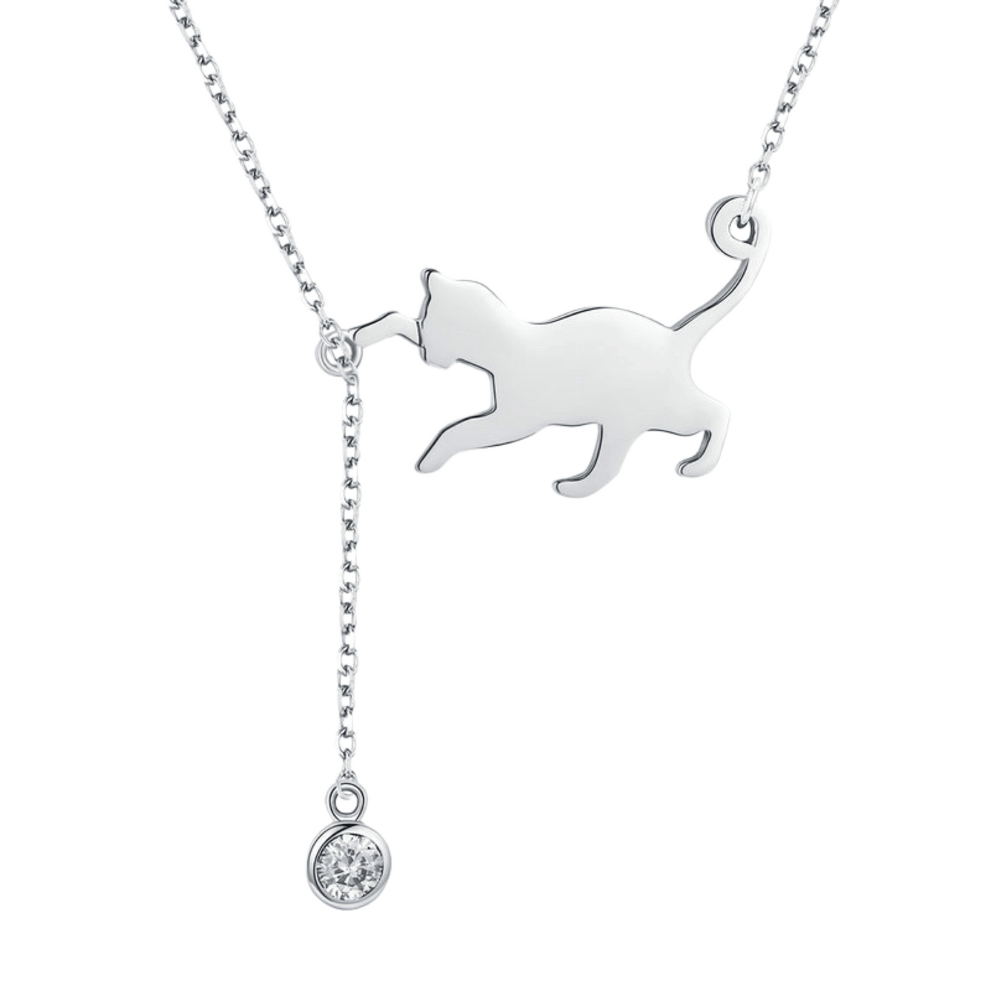 S925 Sterling Silver Playful Kitten Necklace CZ Cat Pendant Wave Chain Adjustable