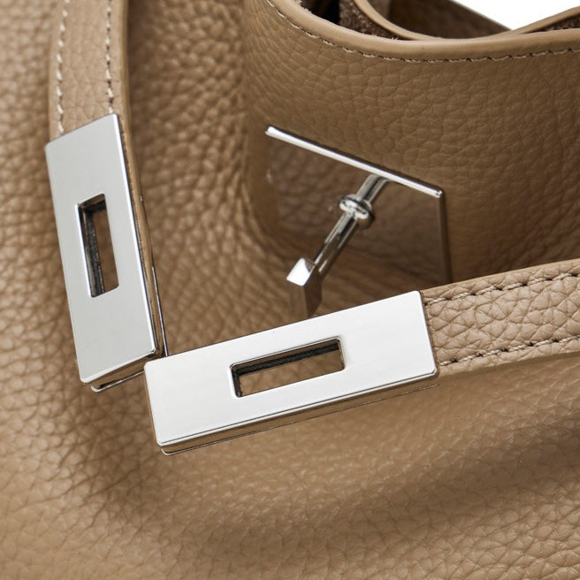 Women's Pebbled Cowhide Twist-Lock Bucket Bag with Inner Pouch