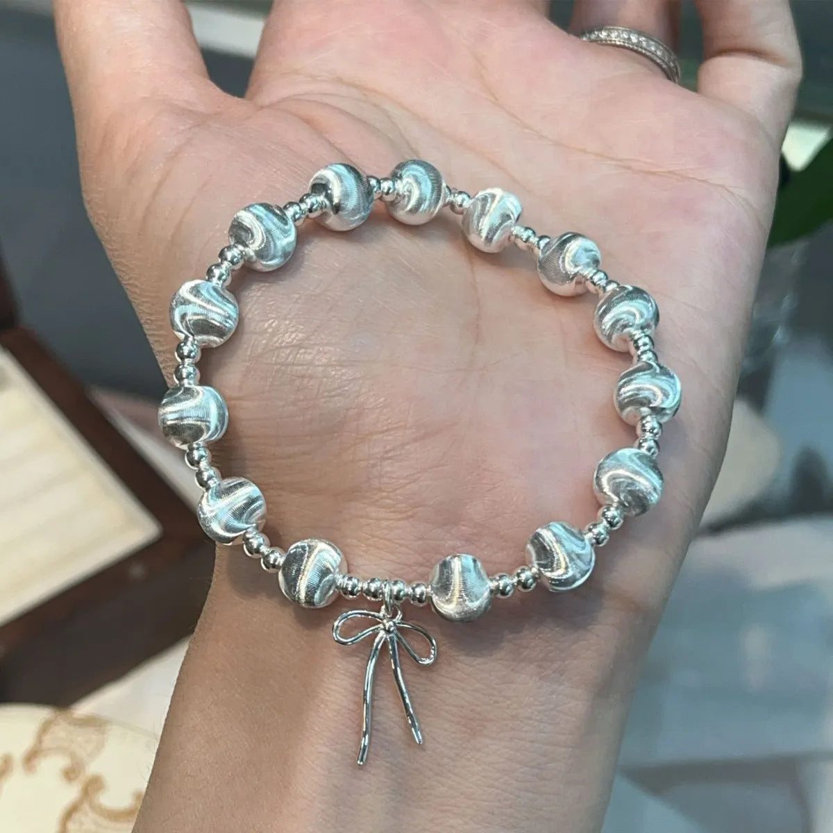 Cat’s Eye Bead Bracelet – 925 Sterling Silver Bowknot Charm, Elastic Fit, Gift Ready