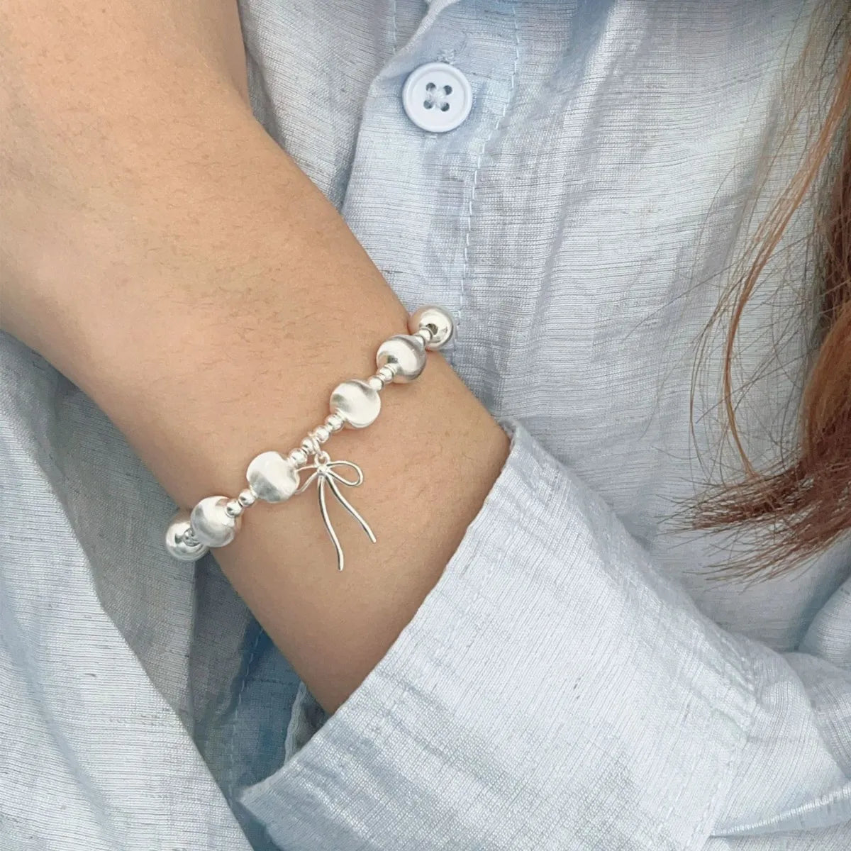 Cat’s Eye Bead Bracelet – 925 Sterling Silver Bowknot Charm, Elastic Fit, Gift Ready