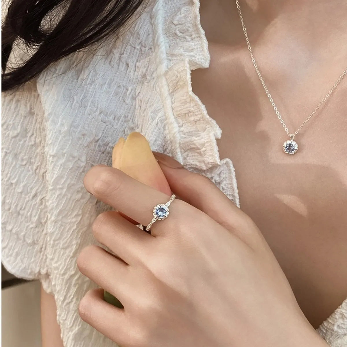 Blue Blossom Necklace & Ring Set – 925 Sterling Silver Blue Cubic Zirconia, Adjustable, Gift Ready