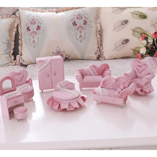 Princess Manor Velvet Pearl Lace Mini Furniture Jewelry Box Set – 7-Piece, Gift Ready